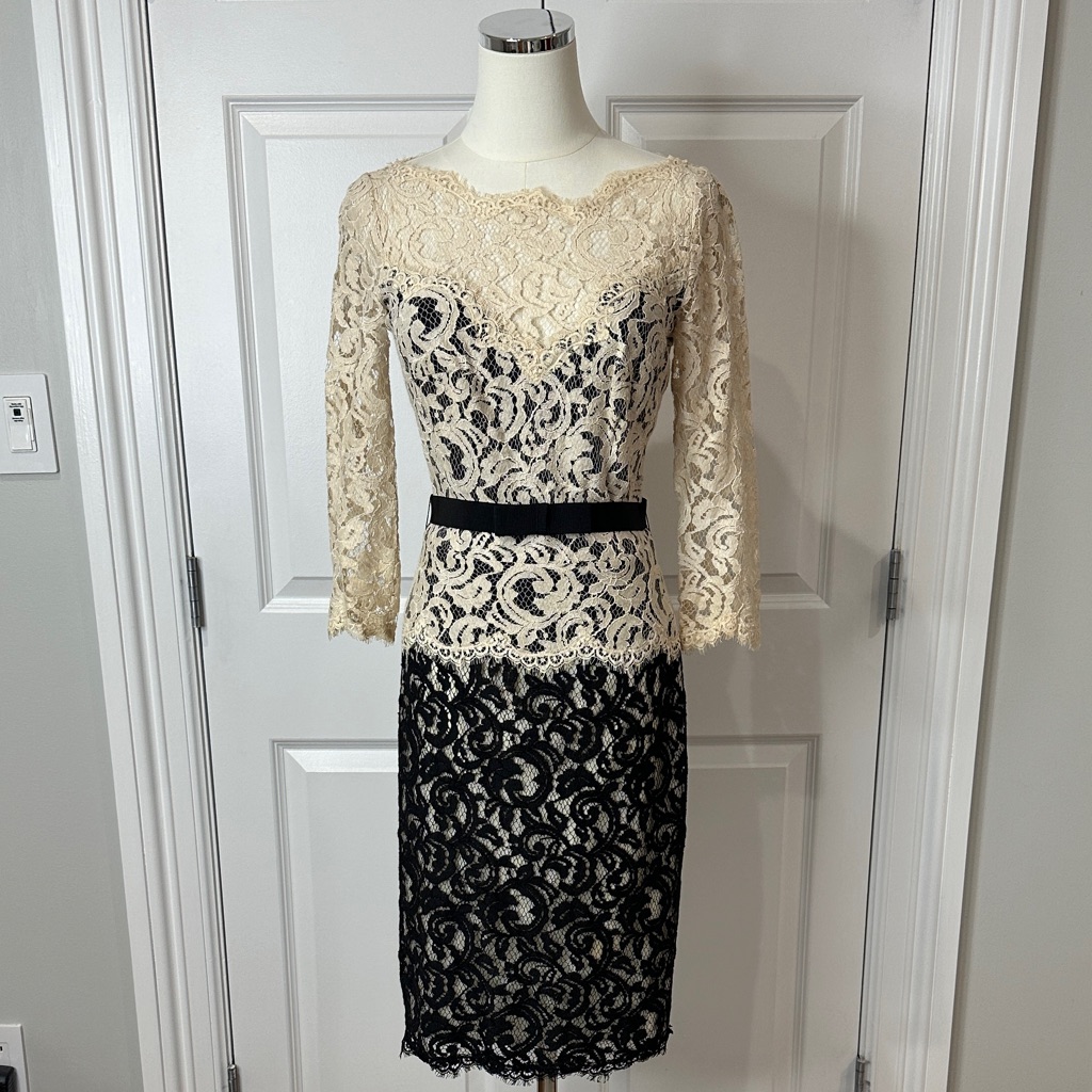 Tadashi Shoji Black Lace Overlay Long Sleeve Wedding Guest Cocktail Dress Size 2
